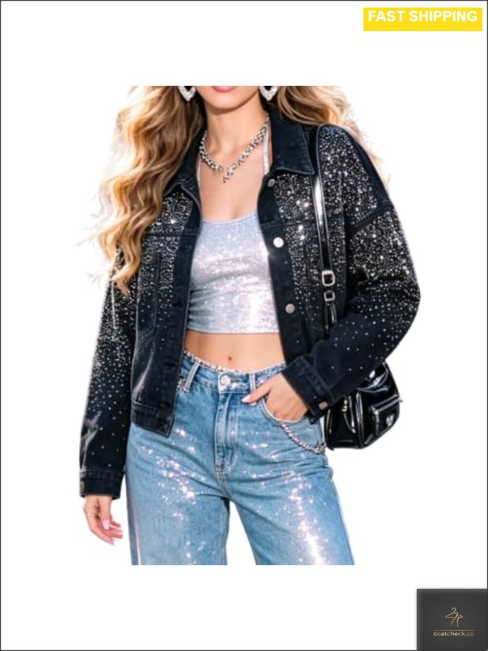 Rhinestone Denim Jean Jacket Stretch Crop Shacket Button Front Pockets